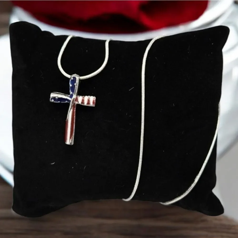 American Flag Cross Pendant Necklace Patriotic USA Stars Stripes Silver Chain 18